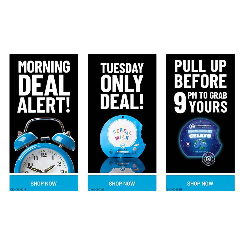 Cannabis digital marketing promotional ads featuring morning deal alert, Tuesday only deal, and evening pull up offer with shop now buttons and cannabis product packaging.