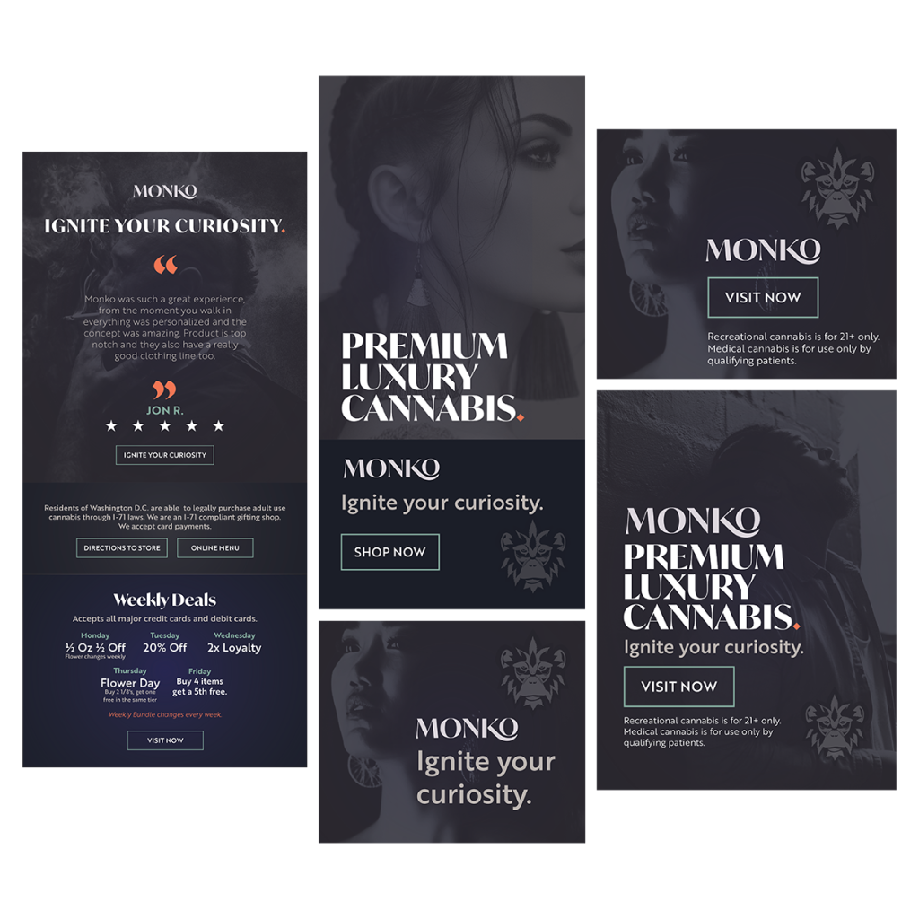 Cannabis digital marketing ad designs for Monko featuring premium luxury cannabis branding, shop now and visit now calls to action, customer testimonial, and weekly deals promotions.